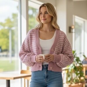 Moon & Madison Pink Houndstooth Cropped Cardigan Coquette Soft Girl Sweater S